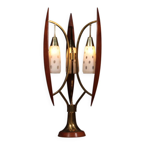 Lampe de table biomorphiques par Masjestic Lamp.Co USA en noyer et laiton 1960