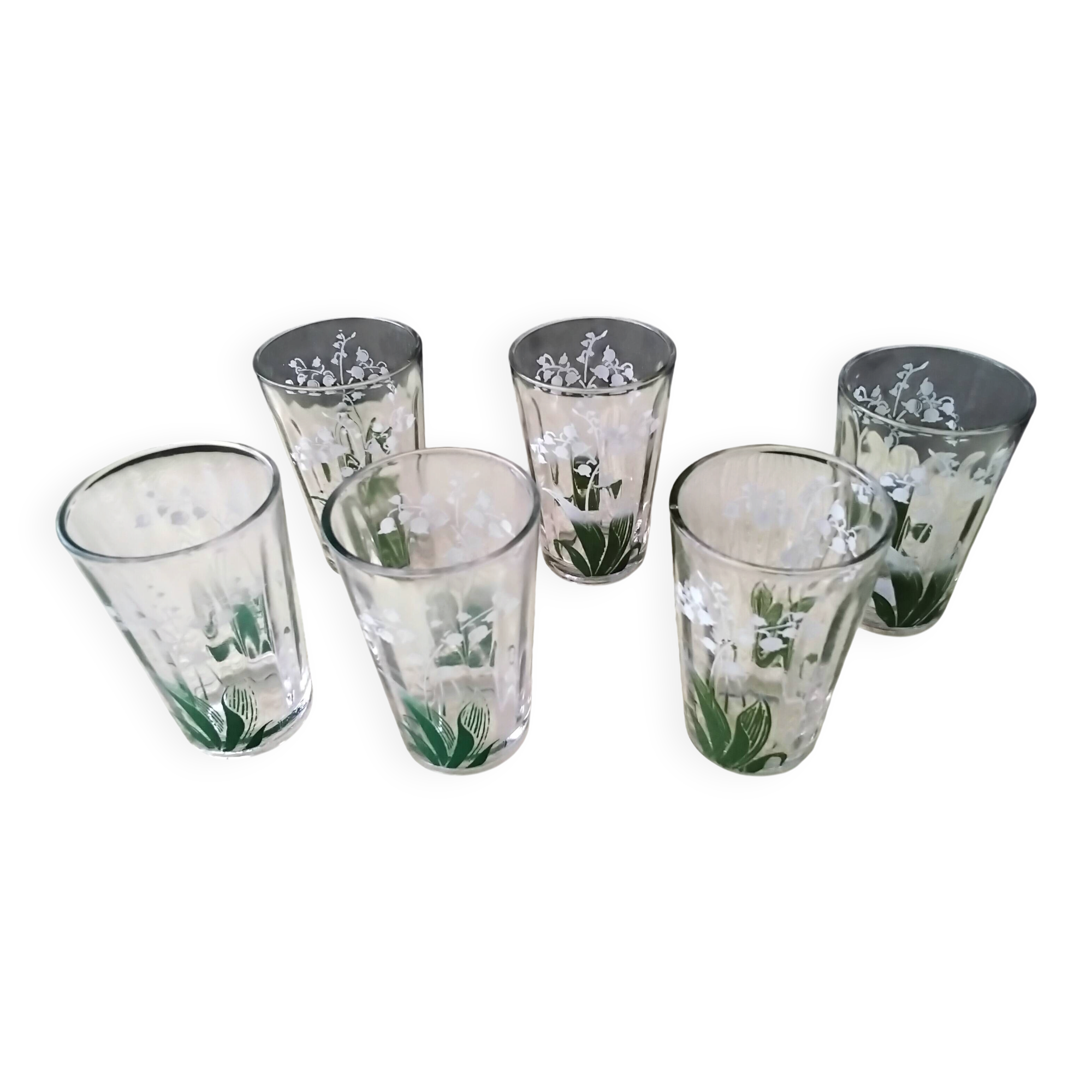 6 Verres gobelets anciens Décor de muguet sérigraphié