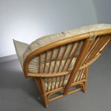 Chaise longue surdimensionnée en rotin/bambou avec coussins d'origine. Années 1970