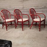 3 rattan and wicker armchairs with vintage fabric seats from 1970-1980