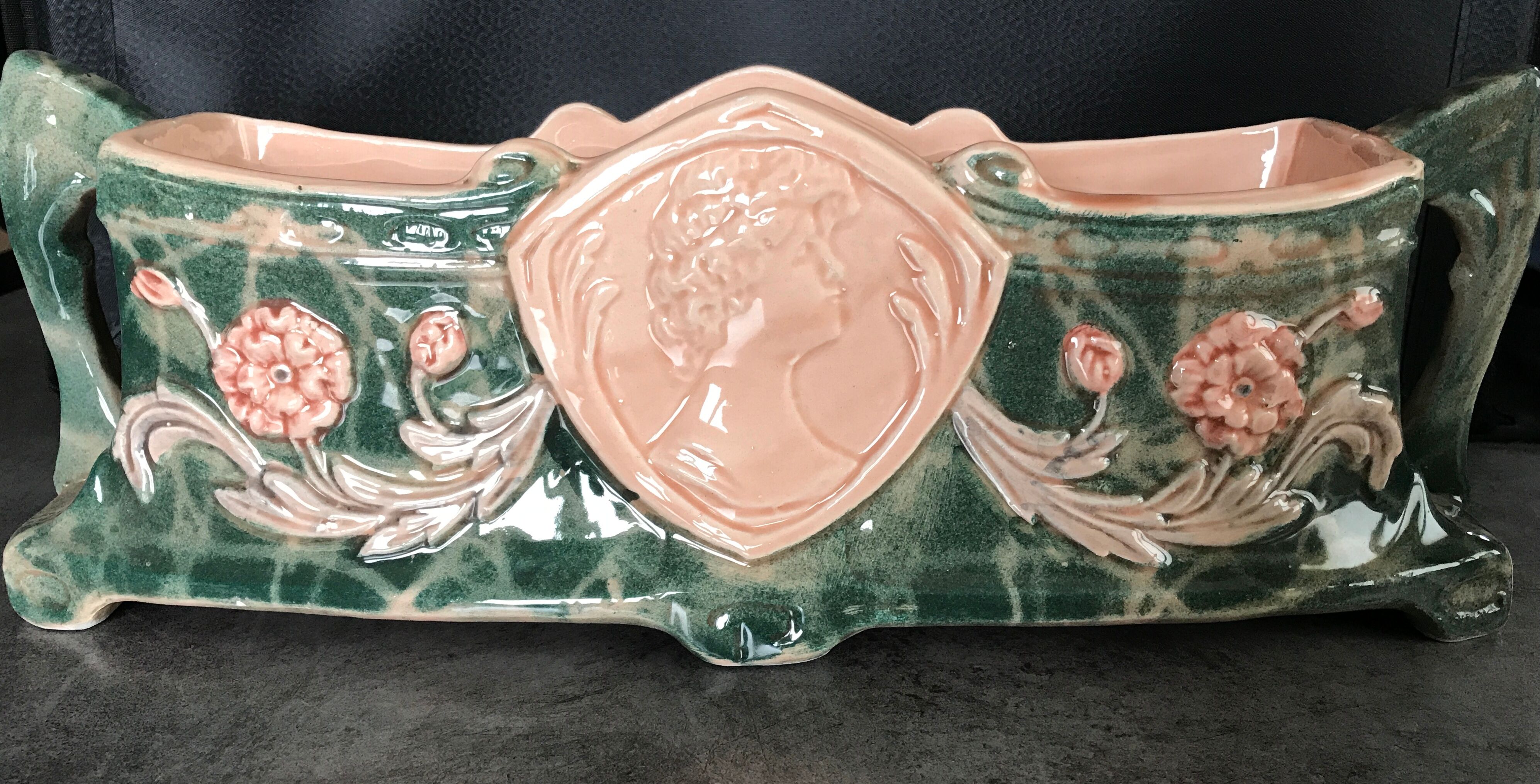 Jardinière with ceramic handles enameled vintage polychrome paint 39.5 cm