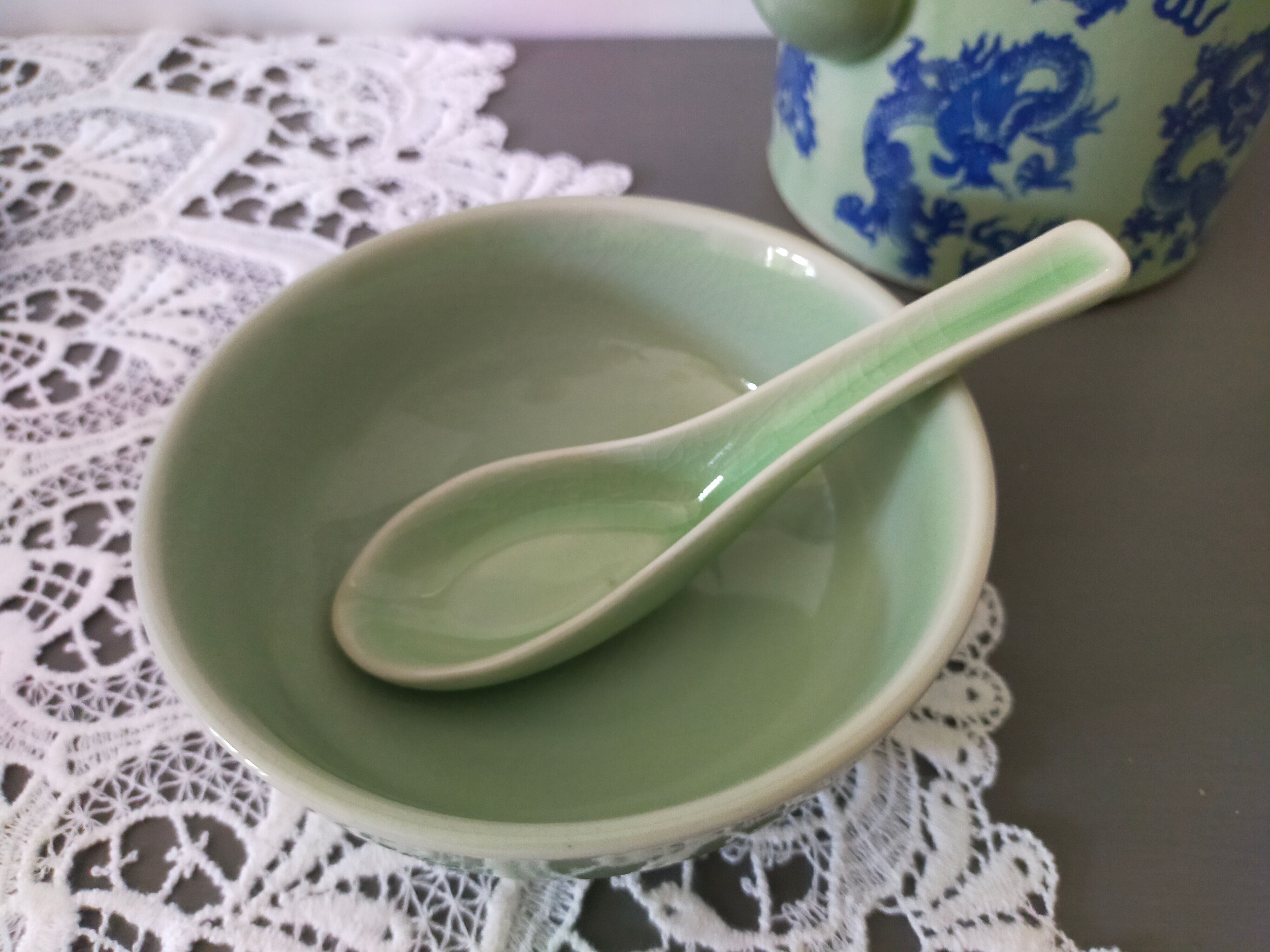 Celadon green glazed ceramic bowl and its vintage spoon/ rice bowl/ soup bowl/ chinese bowl/