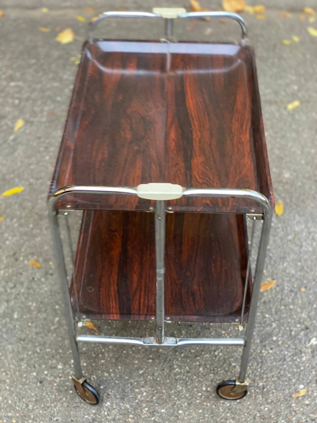 Folding serving cart in steel and mahogany wood on wheels, 70cm