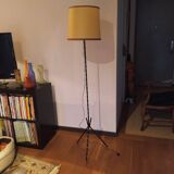 Vintage 1960s tripod wrought iron floor lamp with original lampshade
