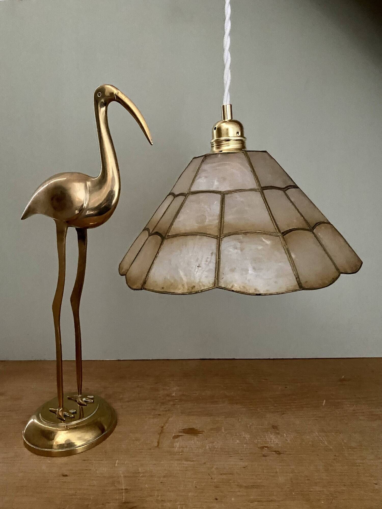 Vintage mother-of-pearl and brass lampshade pendant light