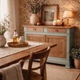 Buffet made of natural wood and bronze green.