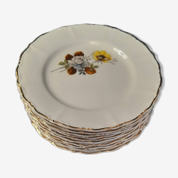 Set of 10 Sarguemine porcelain dessert plates with flower pattern