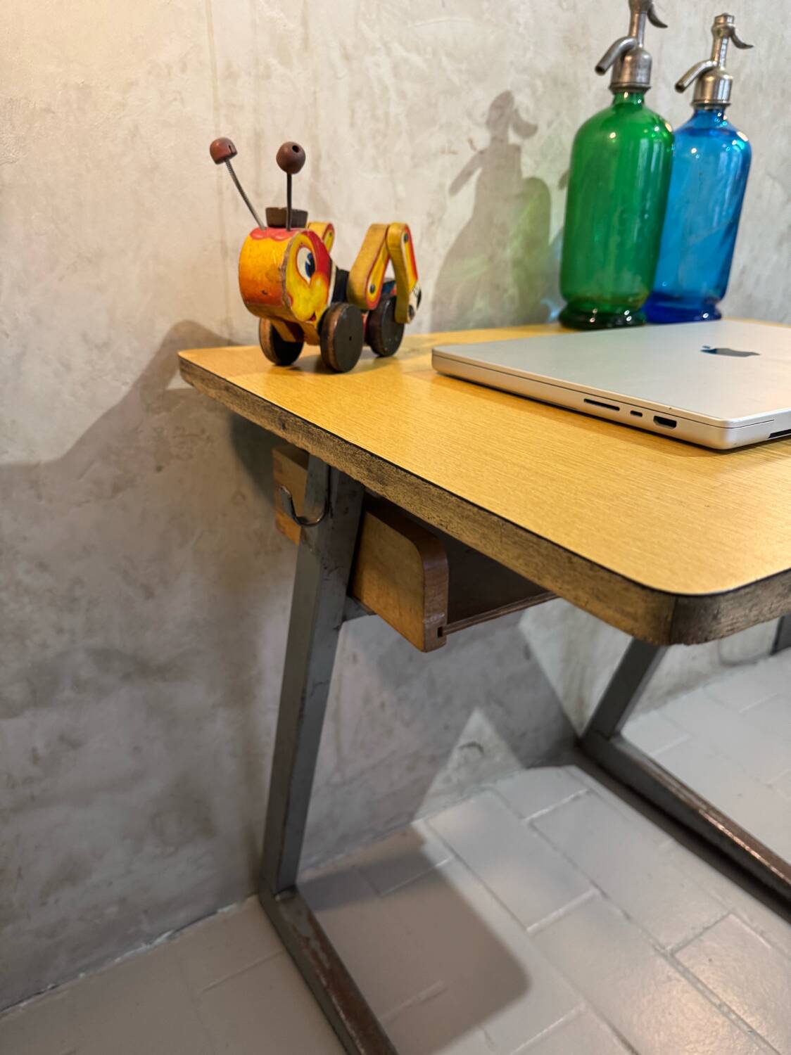 Small vintage wood and iron school desk from 1960-1970