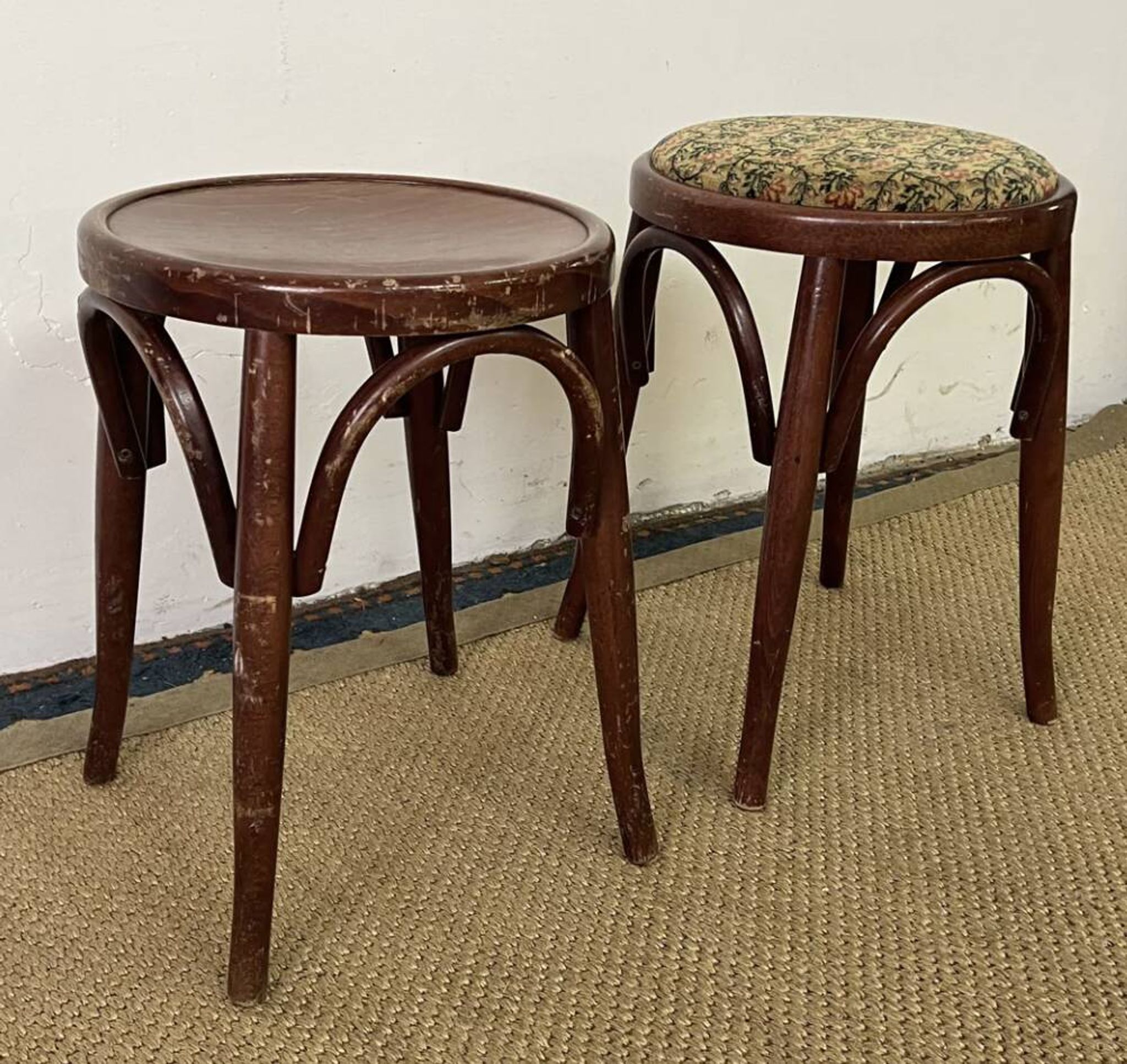 Pair of low stools in curved wood, vintage "Thonet" style