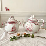 Teapot and its English style sugar bowl fine earthenware from Creil and Montereau. Model "Pink crests" late 19th around 1876