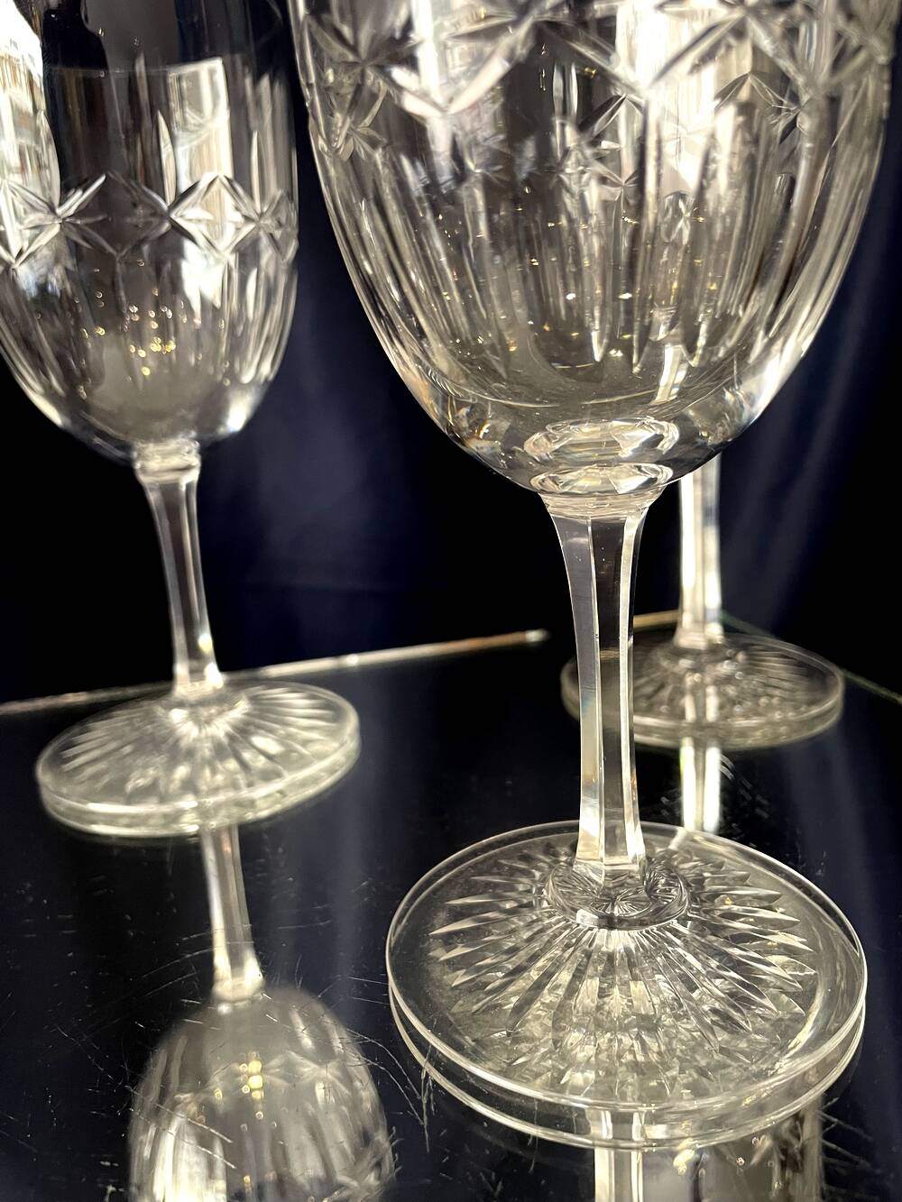 Set of 3 cut crystal water or wine glasses