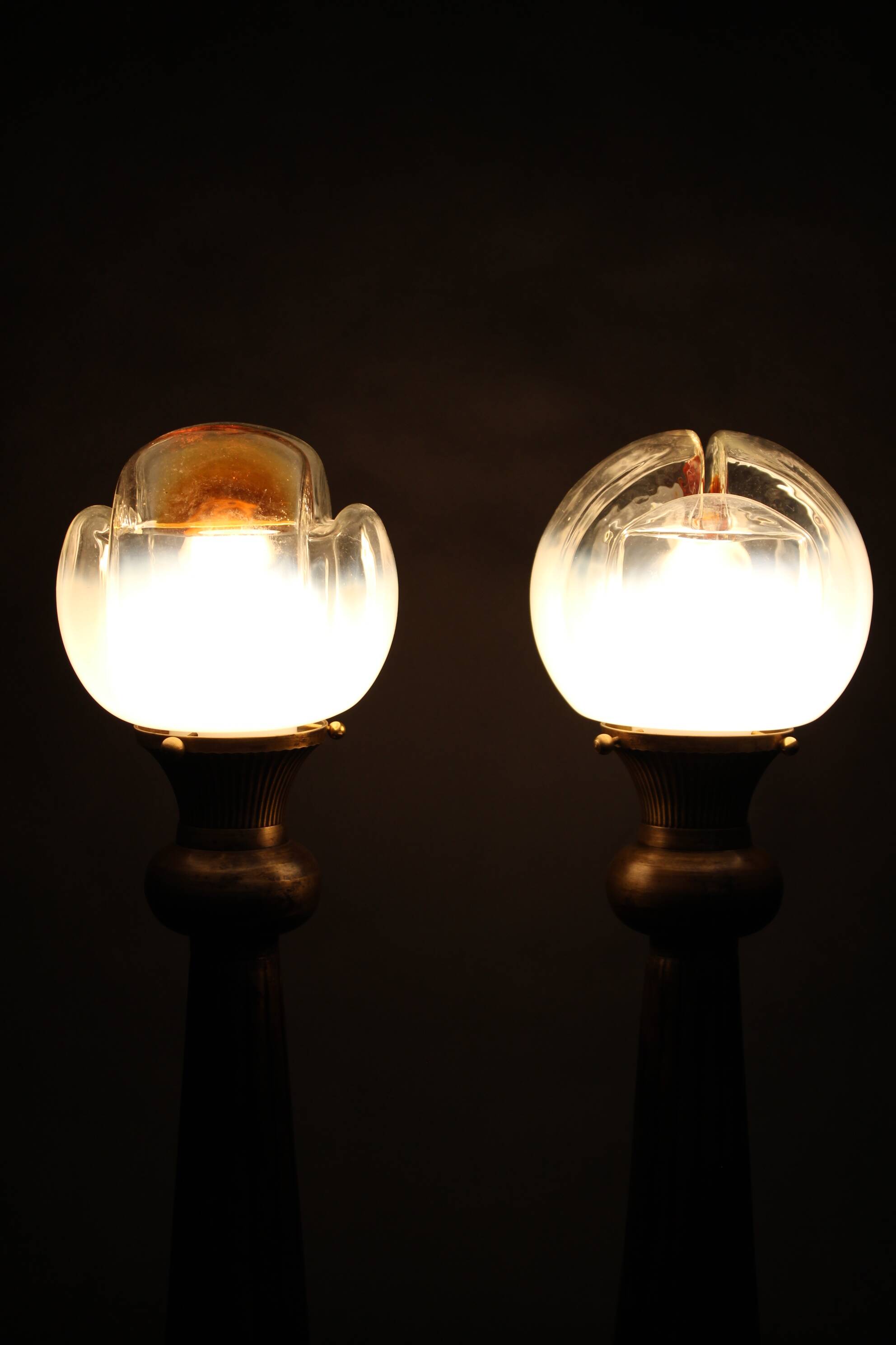 1940s Pair of Italian Restored Brass Table Lamps with Glass Shades