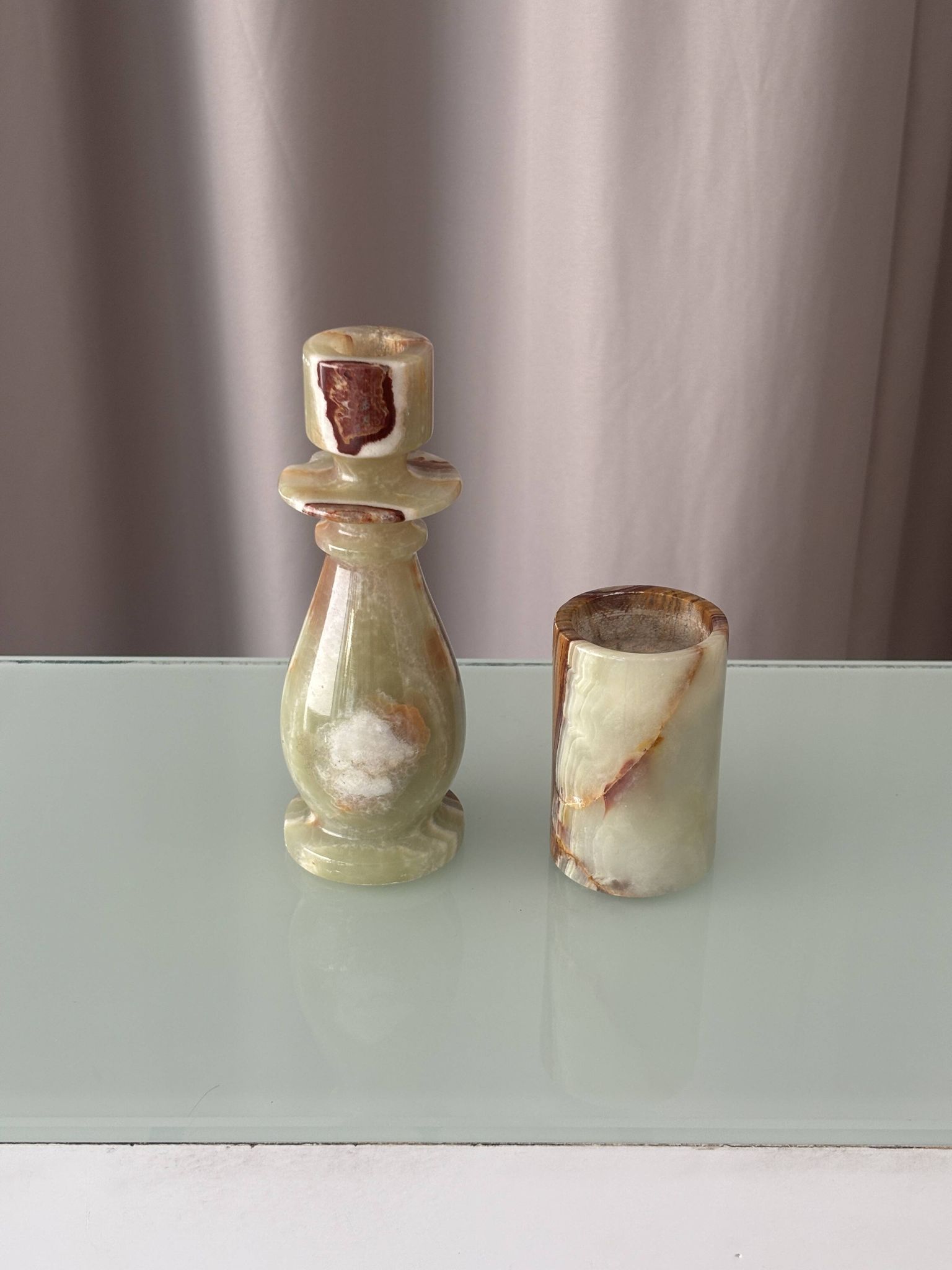 Vintage Hand-Carved Green Onyx Candlestick & Tea Light Holder Set