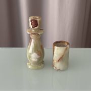 Vintage Hand-Carved Green Onyx Candlestick & Tea Light Holder Set