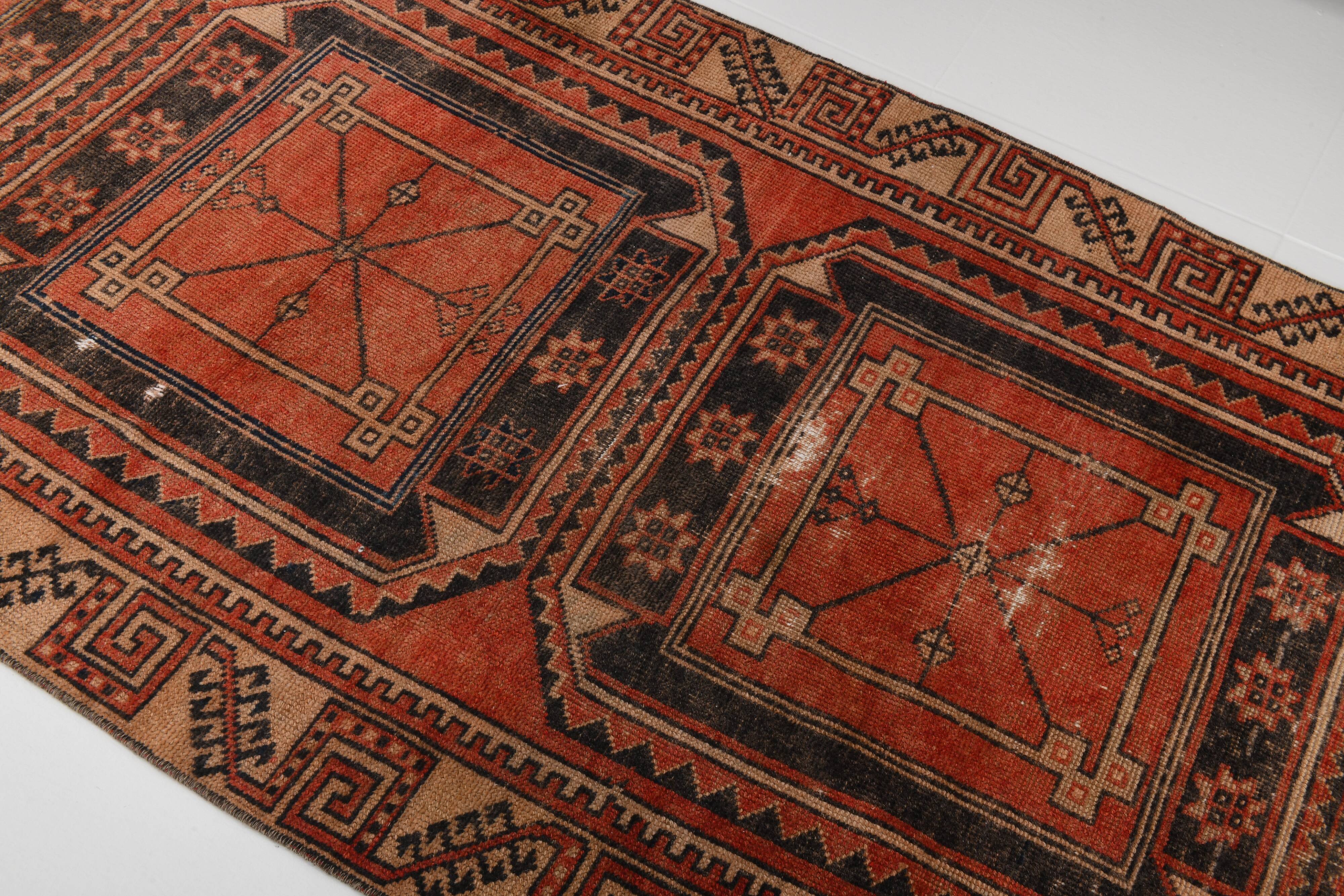 Tapis persan vintage rouge et noir 3x9, 103x287 cm