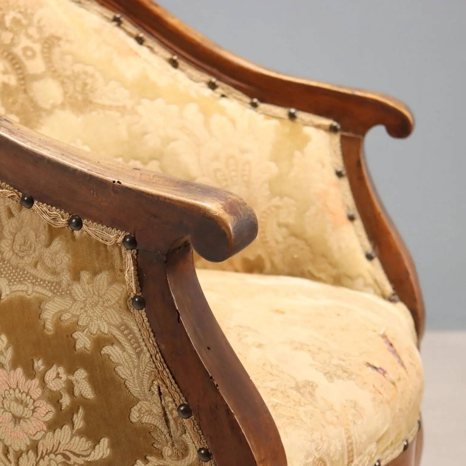 Antique walnut and fabric armchair, Italy, 19th century