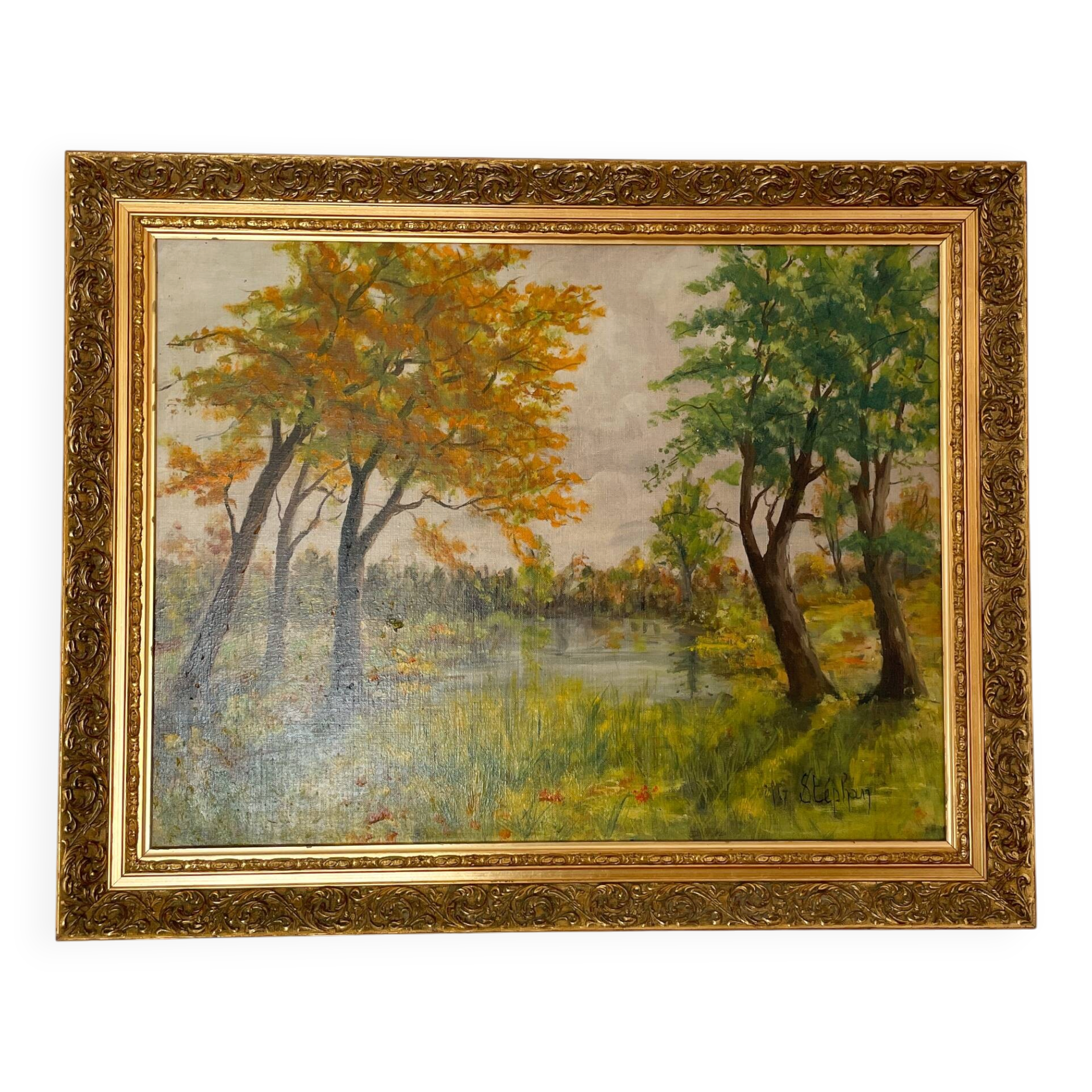 Huile sur toile - Paysage au bord de l'eau - Signée M.G. Stéphan – 77x62cm