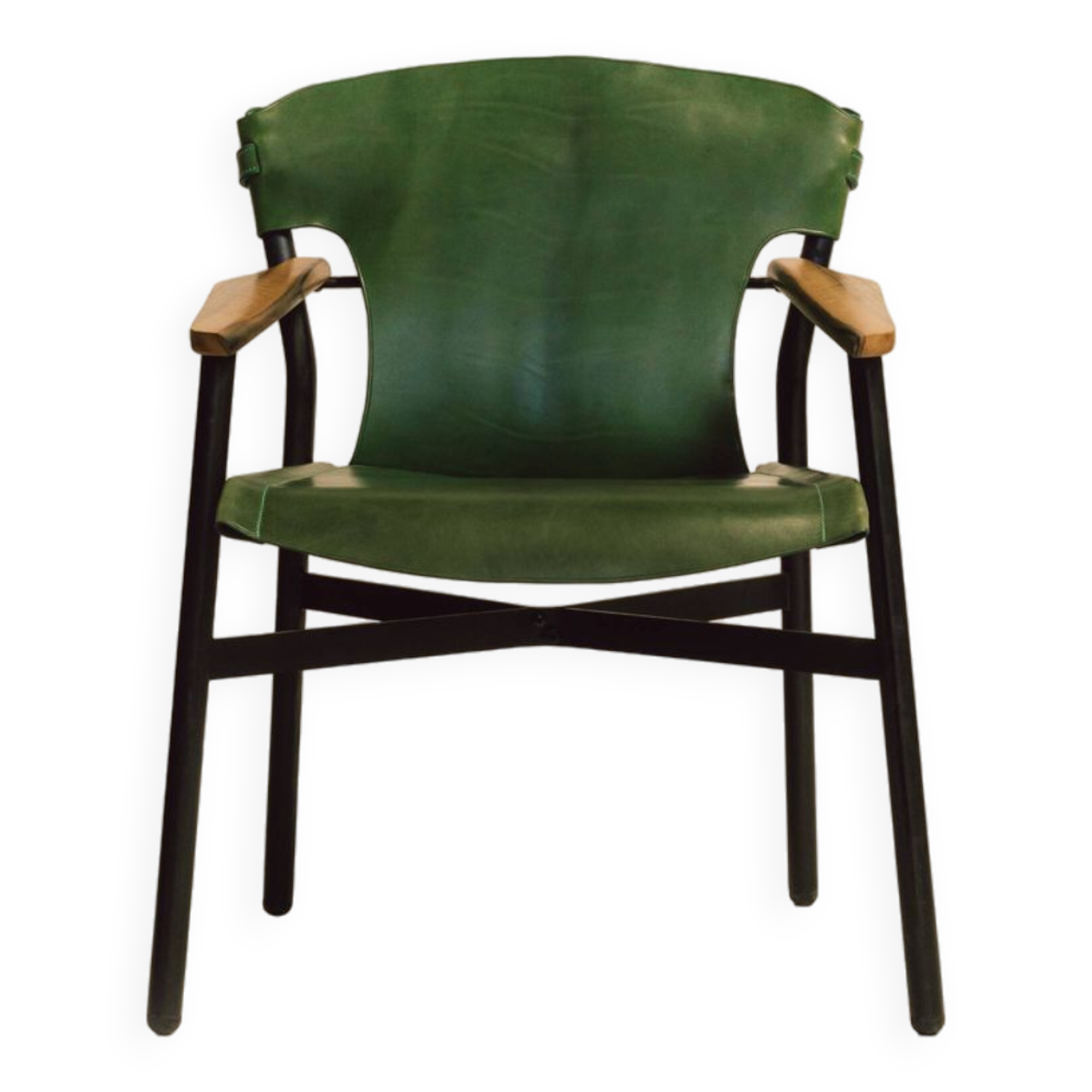 Galathée armchair in green leather, steel and ash wood