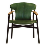 Galathée armchair in green leather, steel and ash wood