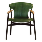 Galathée armchair in green leather, steel and ash wood