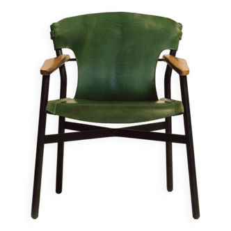 Galathée armchair in green leather, steel and ash wood
