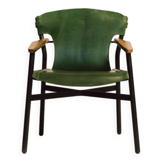 Fauteuil Galathée en cuir vert, acier et bois de frêne