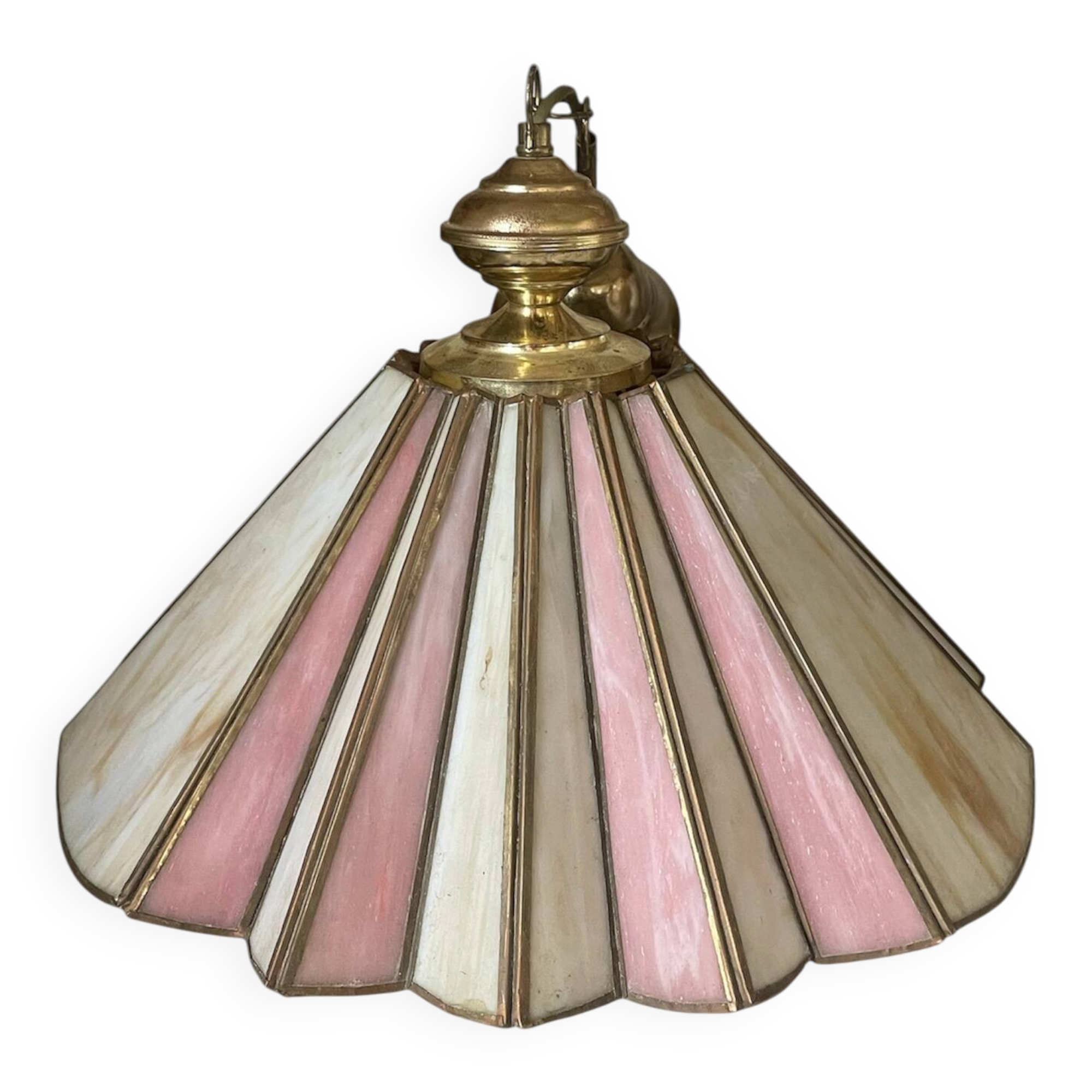 Vintage Tiffany suspension style, two-tone glass shade.