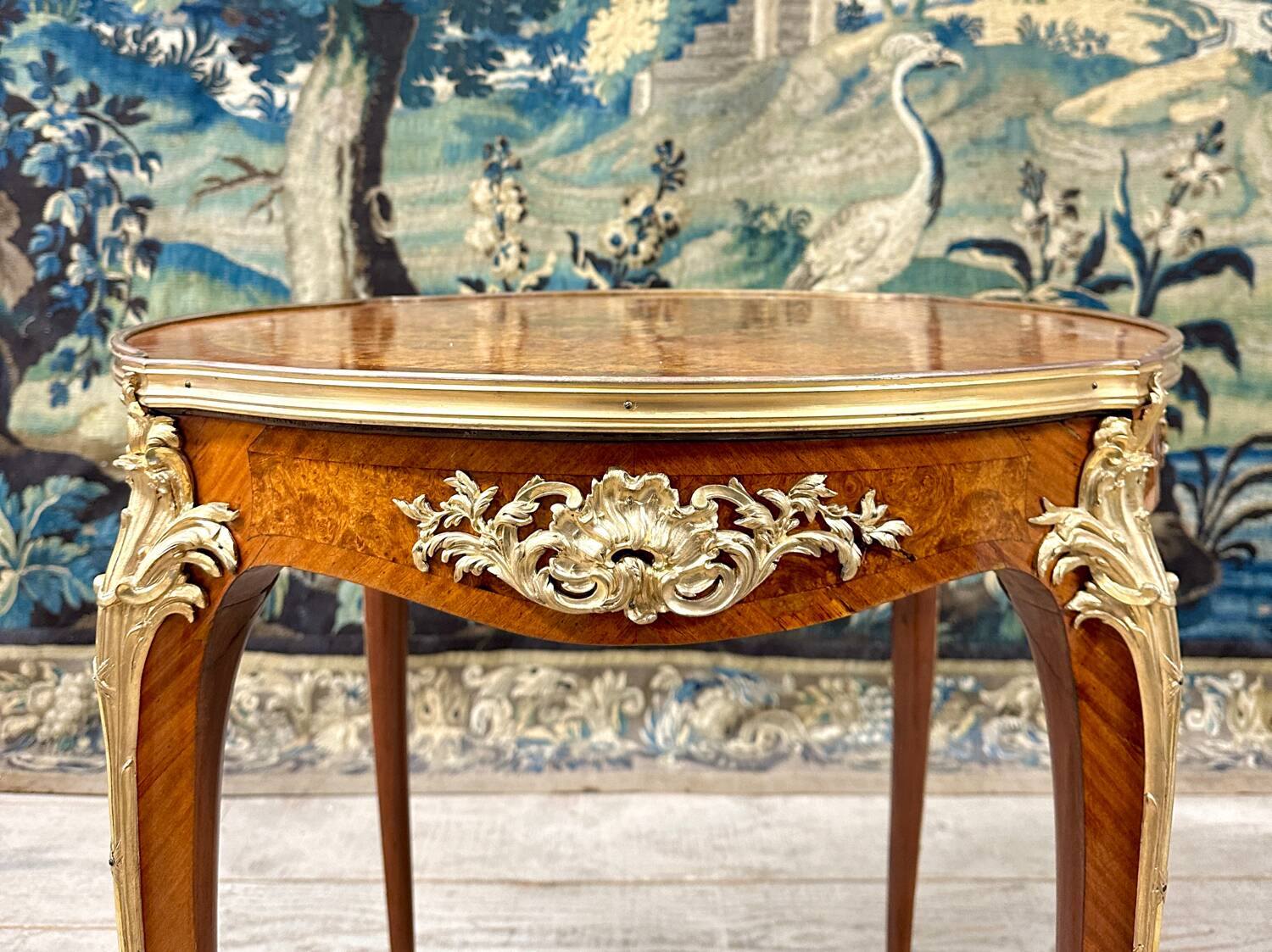Pedestal table in marquetry and gilded bronzes, louis xv style, napoleon iii period