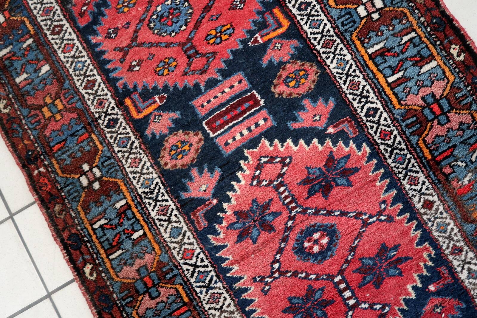 Antique Persian Handmade Hamadan Runner Rug, 3.4' x 7.7' (106cm x 237cm), 1920s