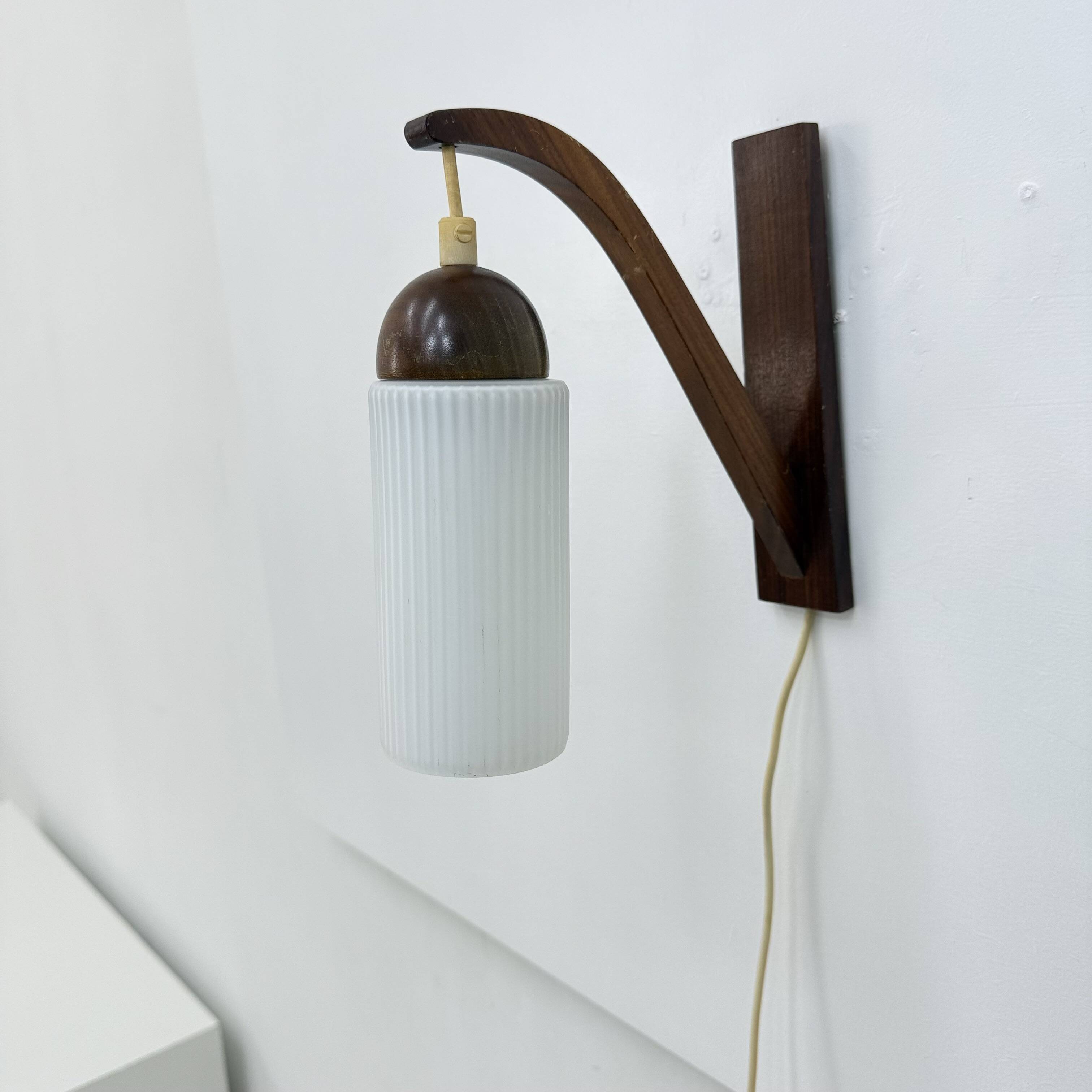 Vintage Scandinavian wall lamp with teak and opaline glass shade , 1960s