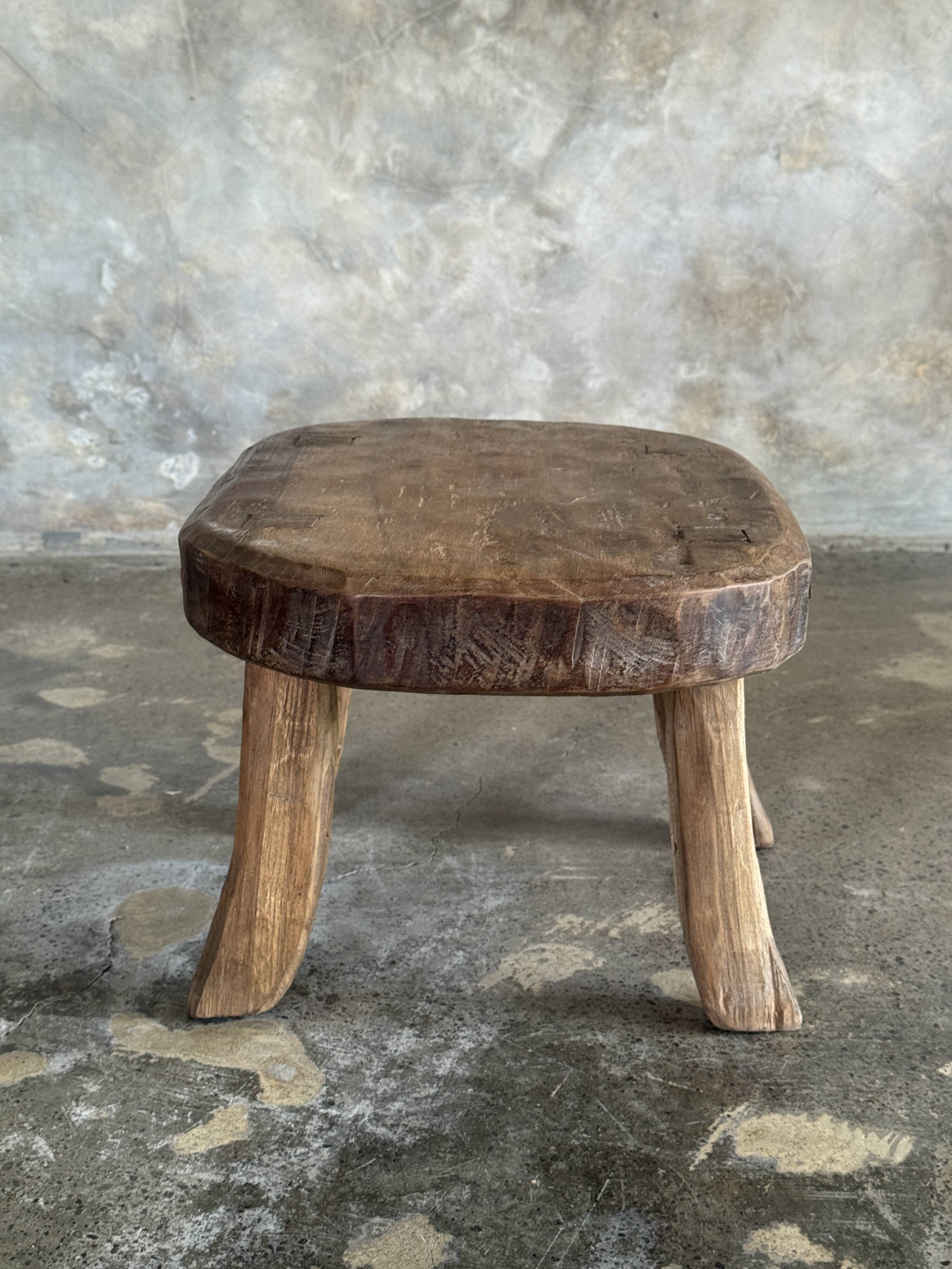 Small stool, oval solid teak accent stool with a two-tone seat.
