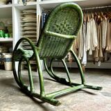 Children's rocking chair in woven wicker and green rattan