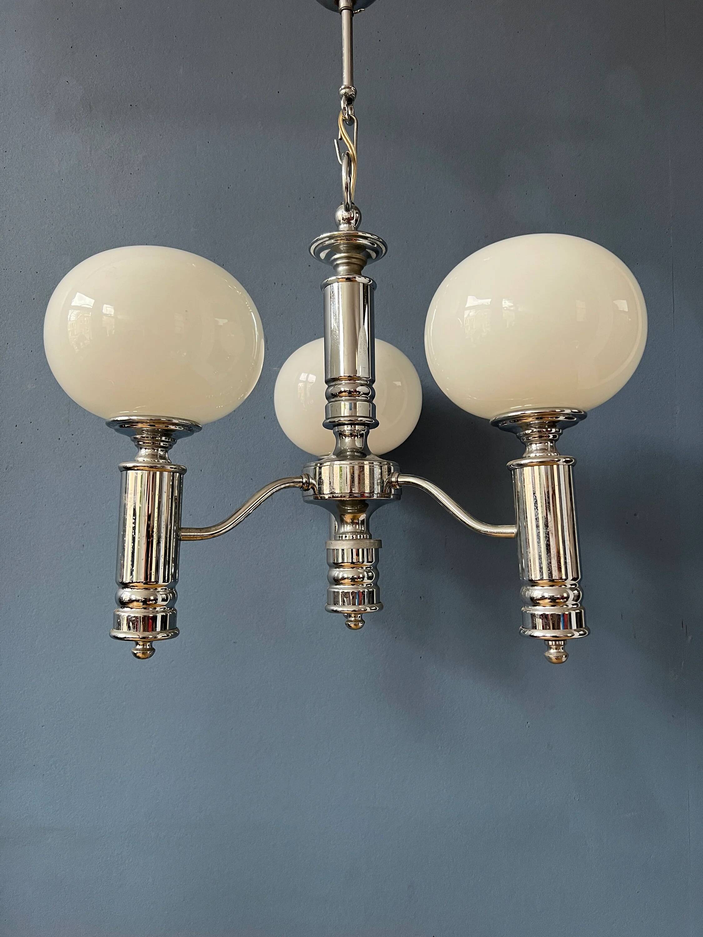 Mid-Century opaline glass chandelier with chrome structure