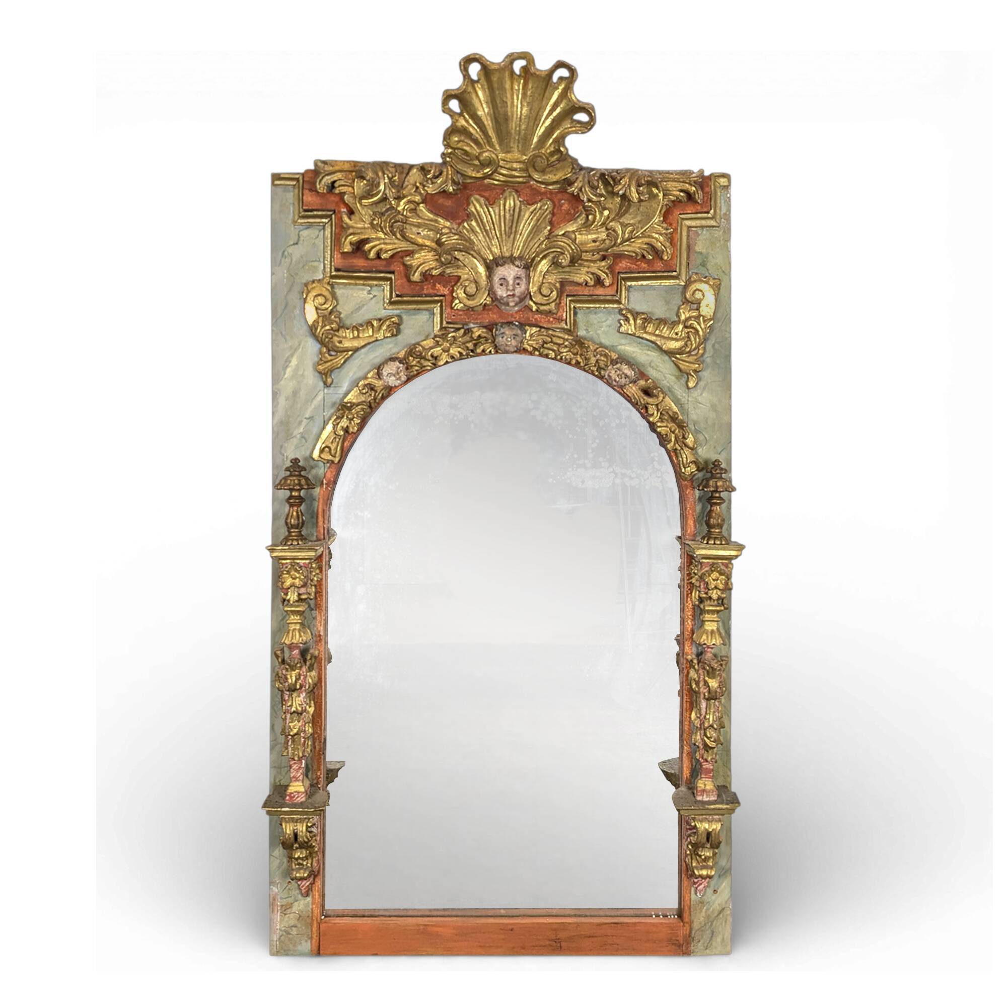 Large trumeau altarpiece composition of woodwork from the 18th century.