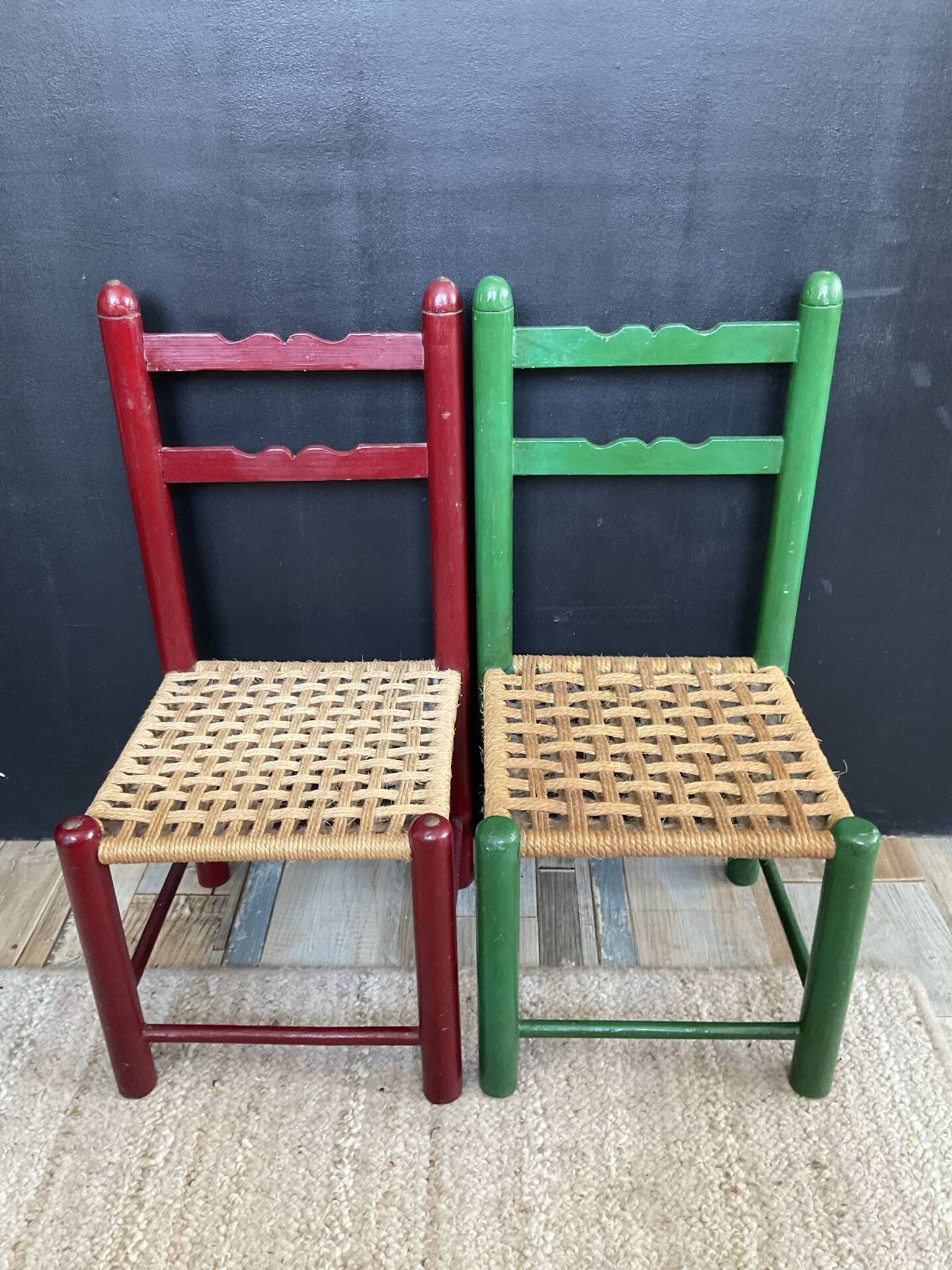 Vintage wooden and rope children's chair pair