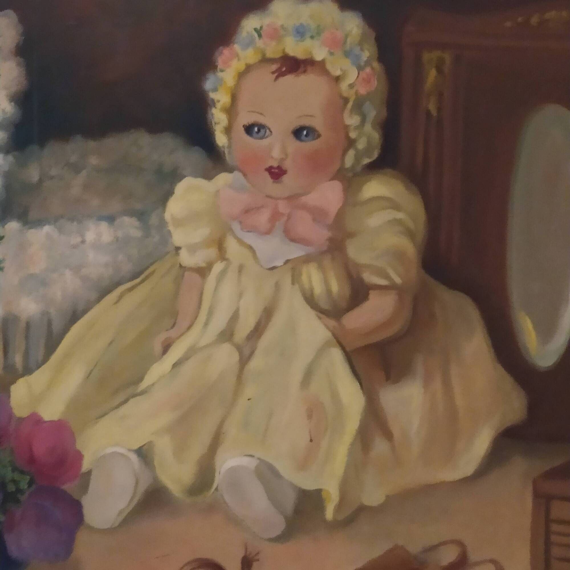 Oil on panel vintage 1930/1950 doll portrait