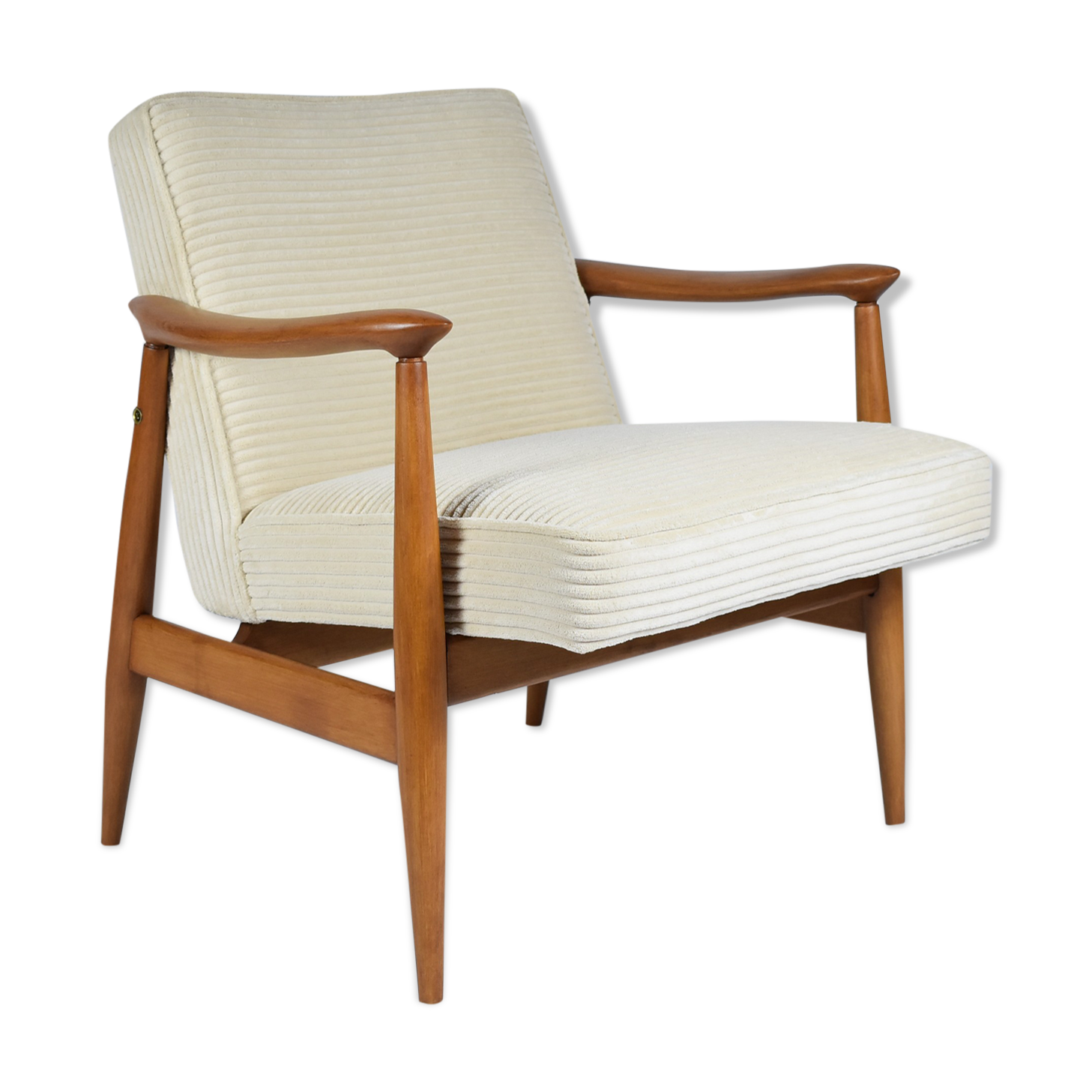 Fauteuil scandinave restauré « Kedziorek », années 1960, cordon crème, teck