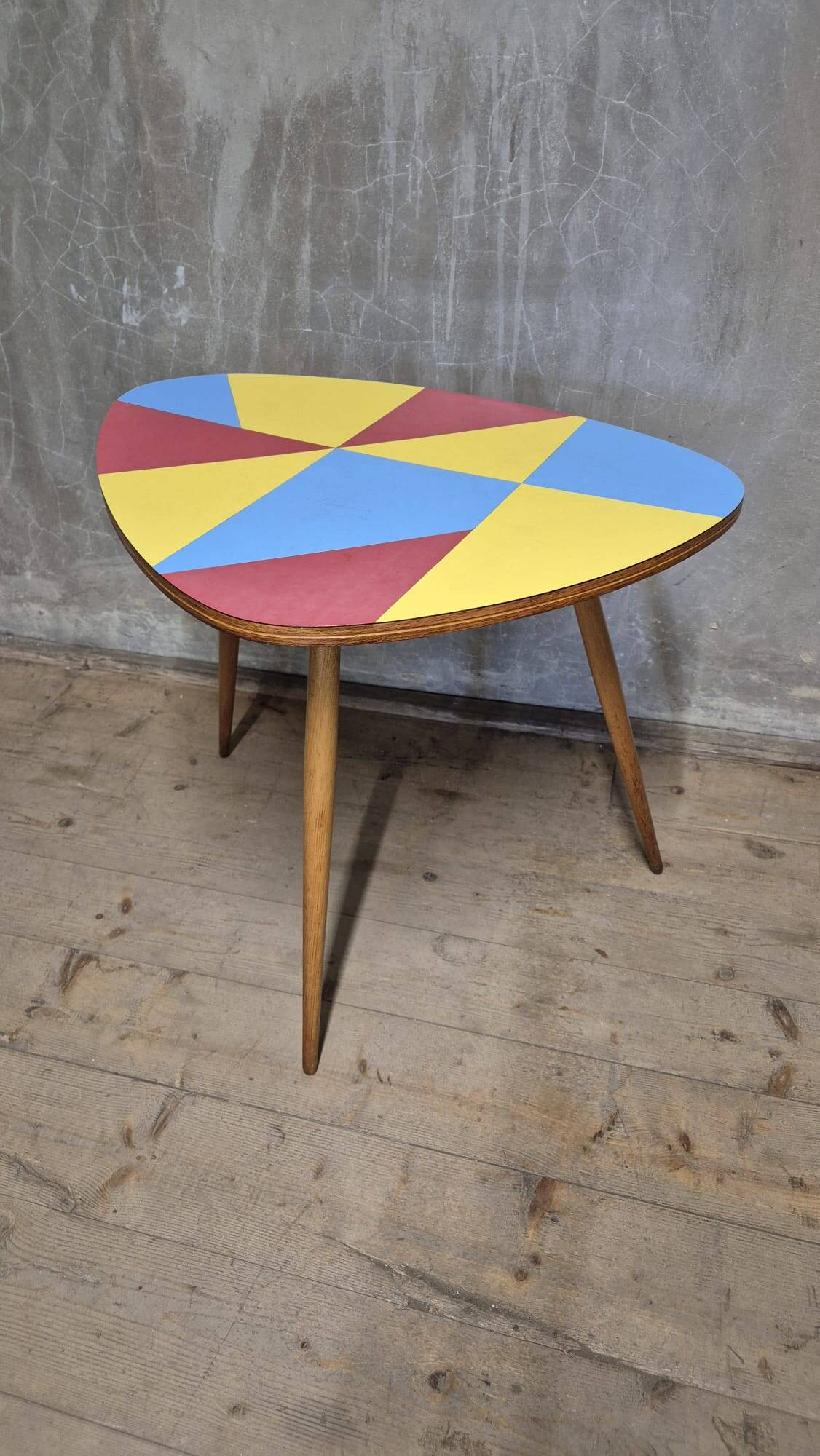 Czechoslovak table in Brussels style, made of oak and colourful umakart, 1950s.