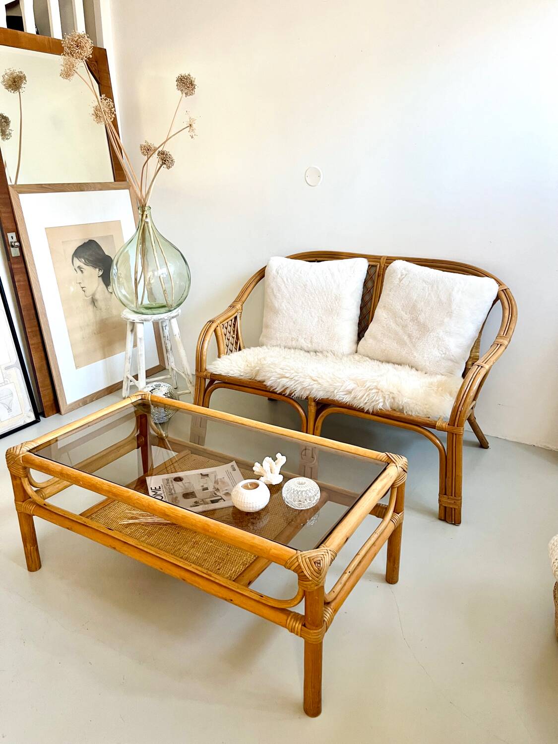 Coffee table 1960s/70s - smoked glass / bamboo / rattan / wicker