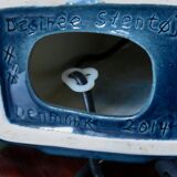 Tall blue enamelled stoneware lamp, signed "Désirée". Danemak 1965