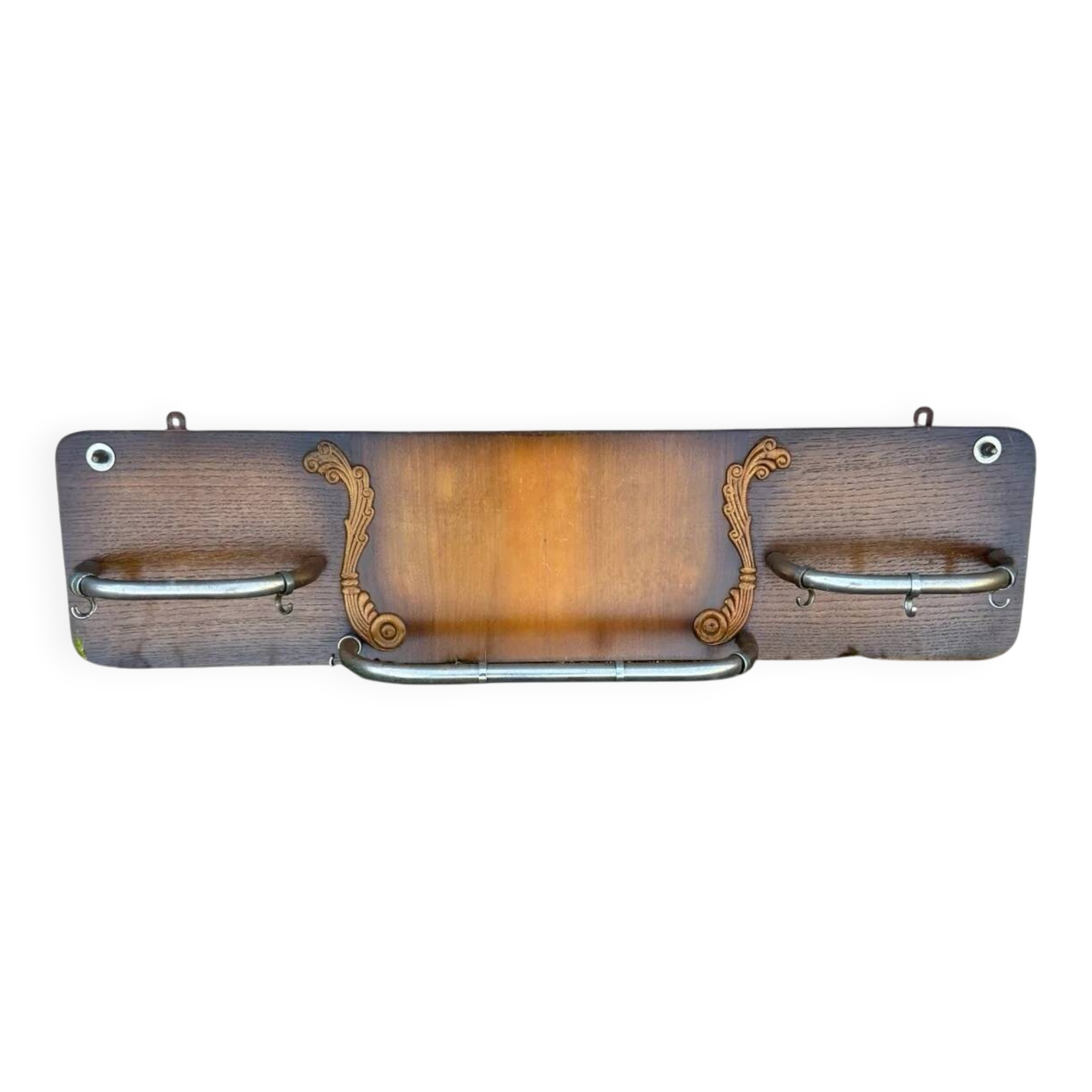 Vintage wooden coat rack with chrome hooks