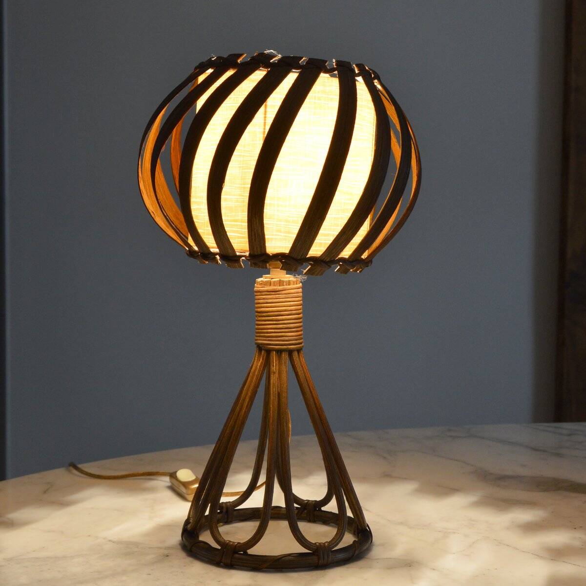 Louis Sognot bedside lamp in vintage rattan 1950