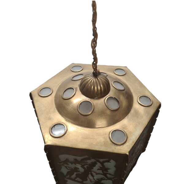 Lampe à suspension antique en laiton scié ajouré, début des années 1900