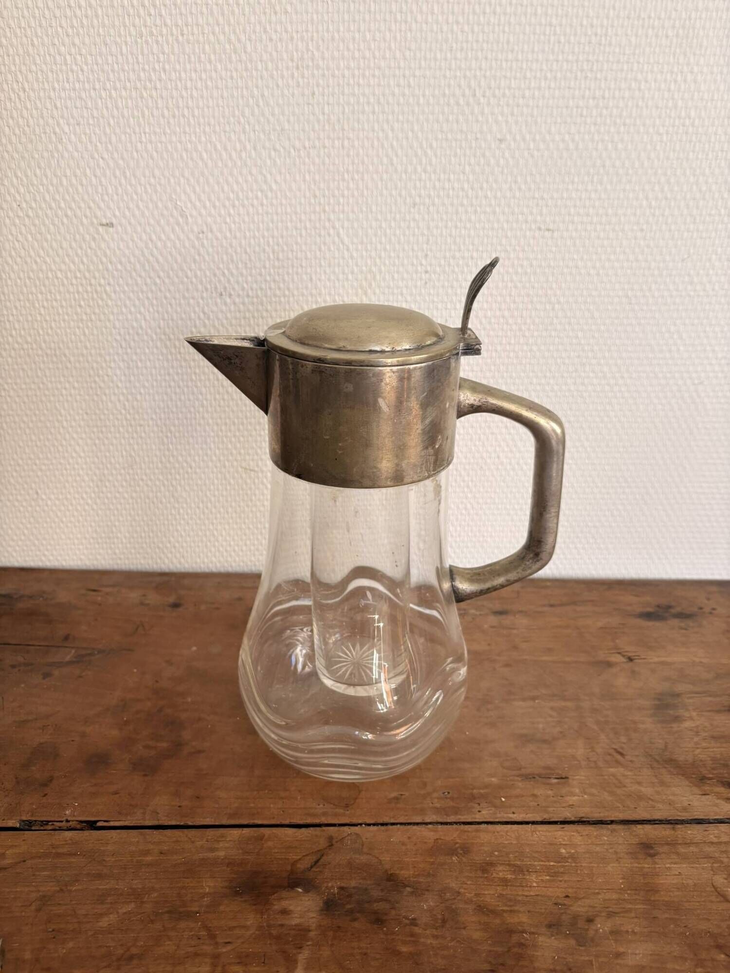 Chiller pitcher, lemonade jug, silver metal glass, Art Nouveau wine carafe.