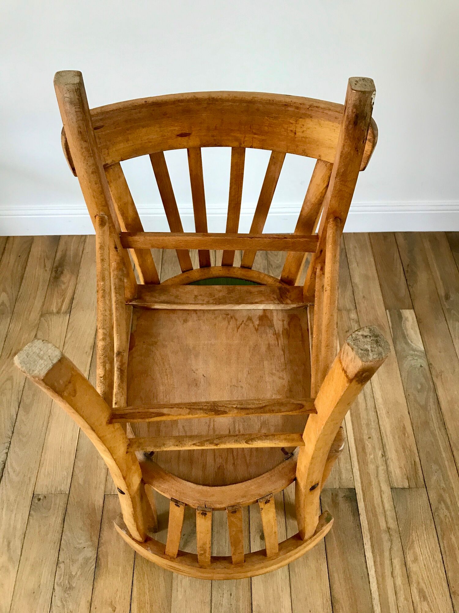 Pair of bistro chairs in light curved wood and green seat 1950s