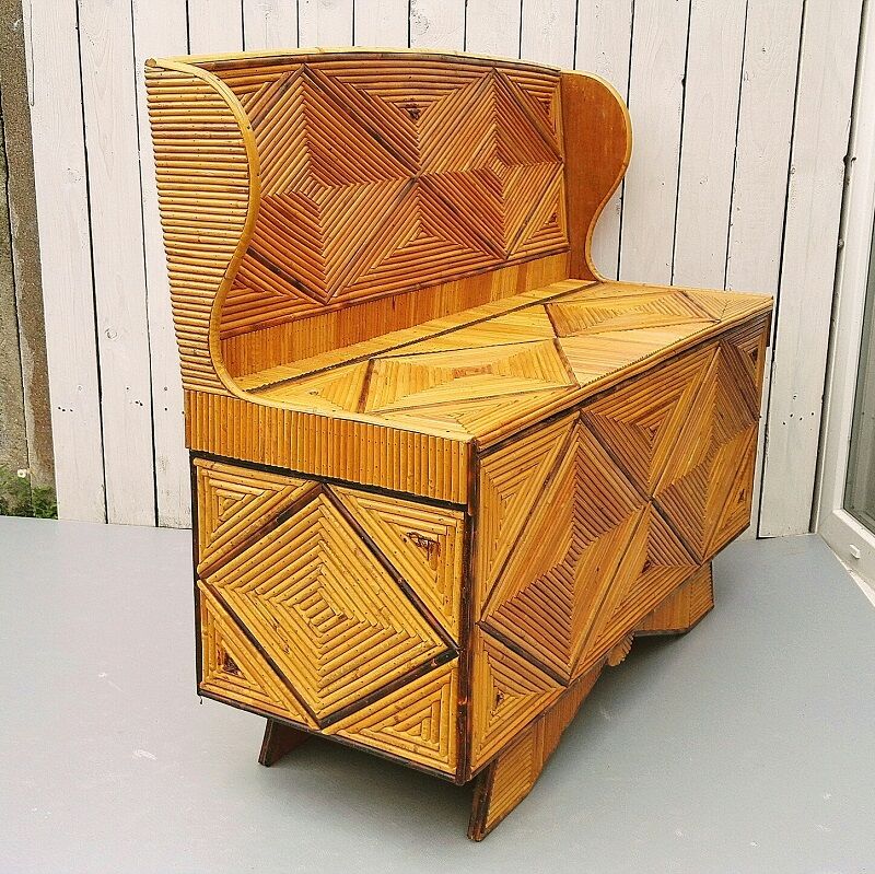 Chest bench, rattan marquetry, vintage 60's