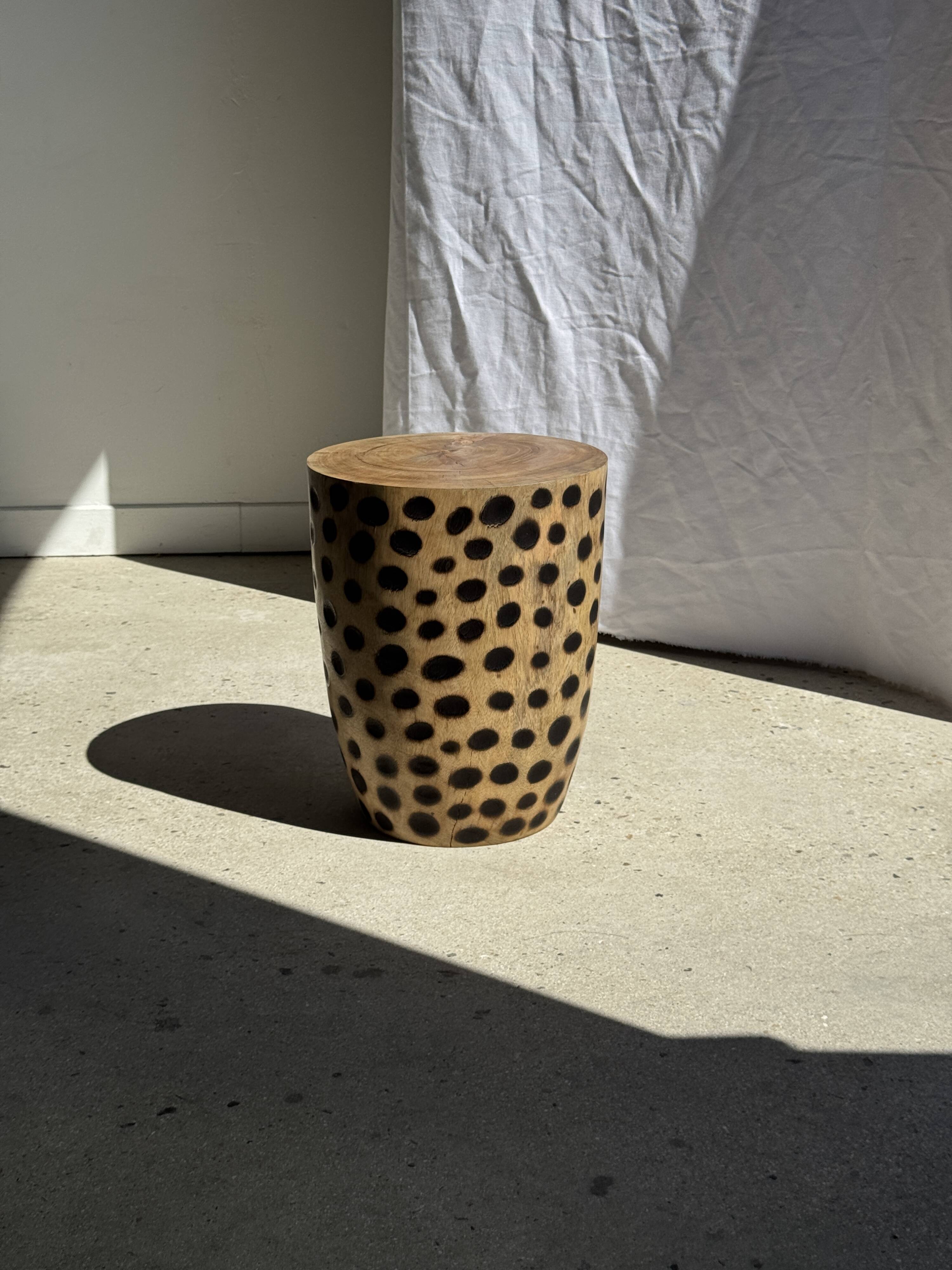 Stool, side table, cylindrical solid mango wood end table.