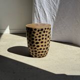 Stool, side table, cylindrical solid mango wood end table.