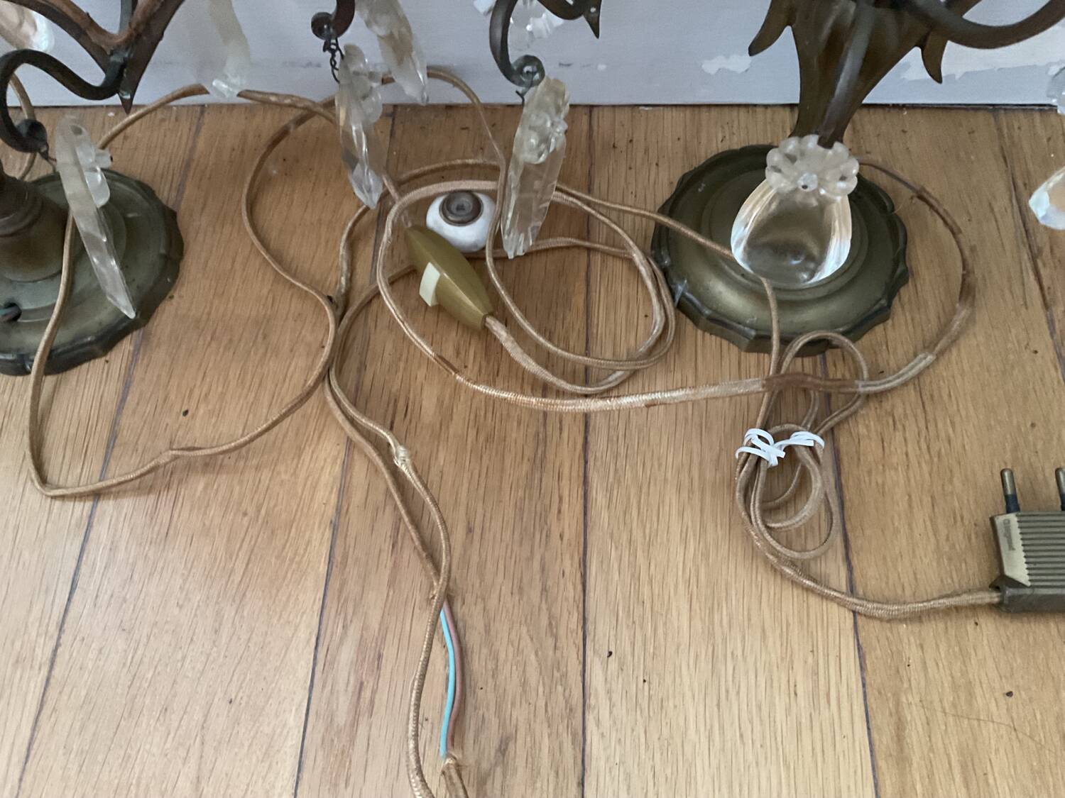 Pair of vintage bronze crystal chandeliers