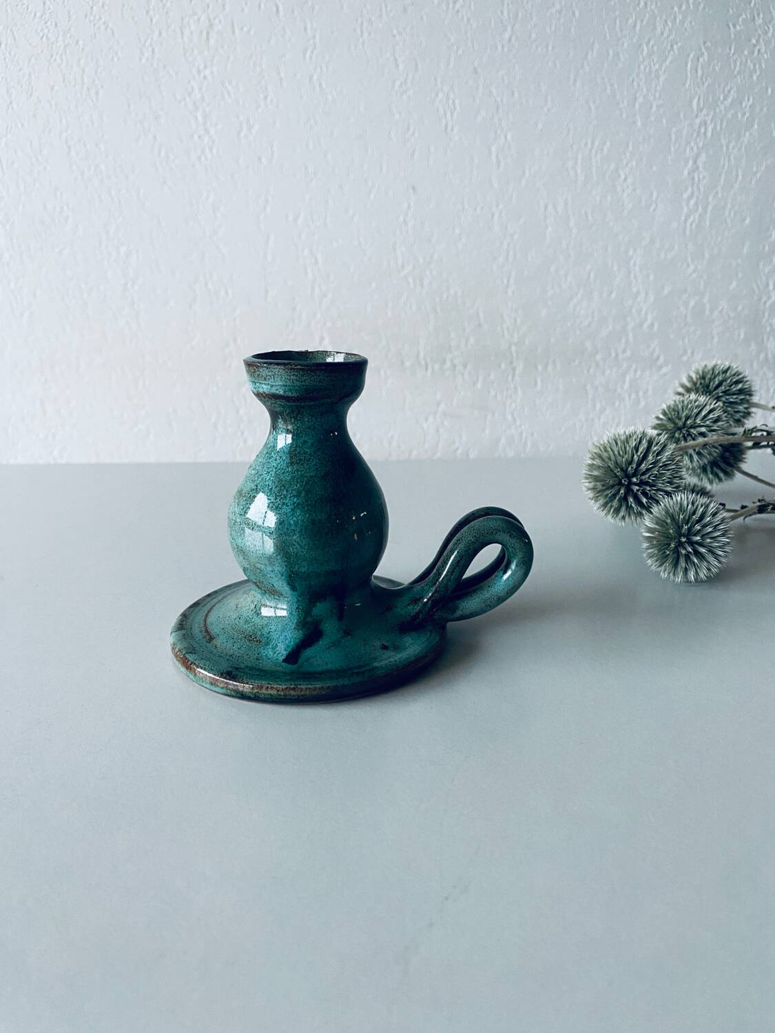 Candle holder in enamelled and signed stoneware